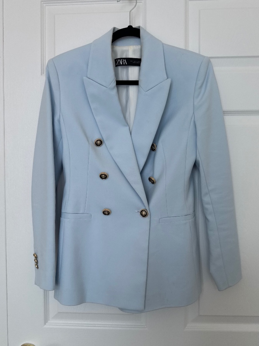 Zara Light Blue Double-Breasted Military Button Blazer | Size Small
